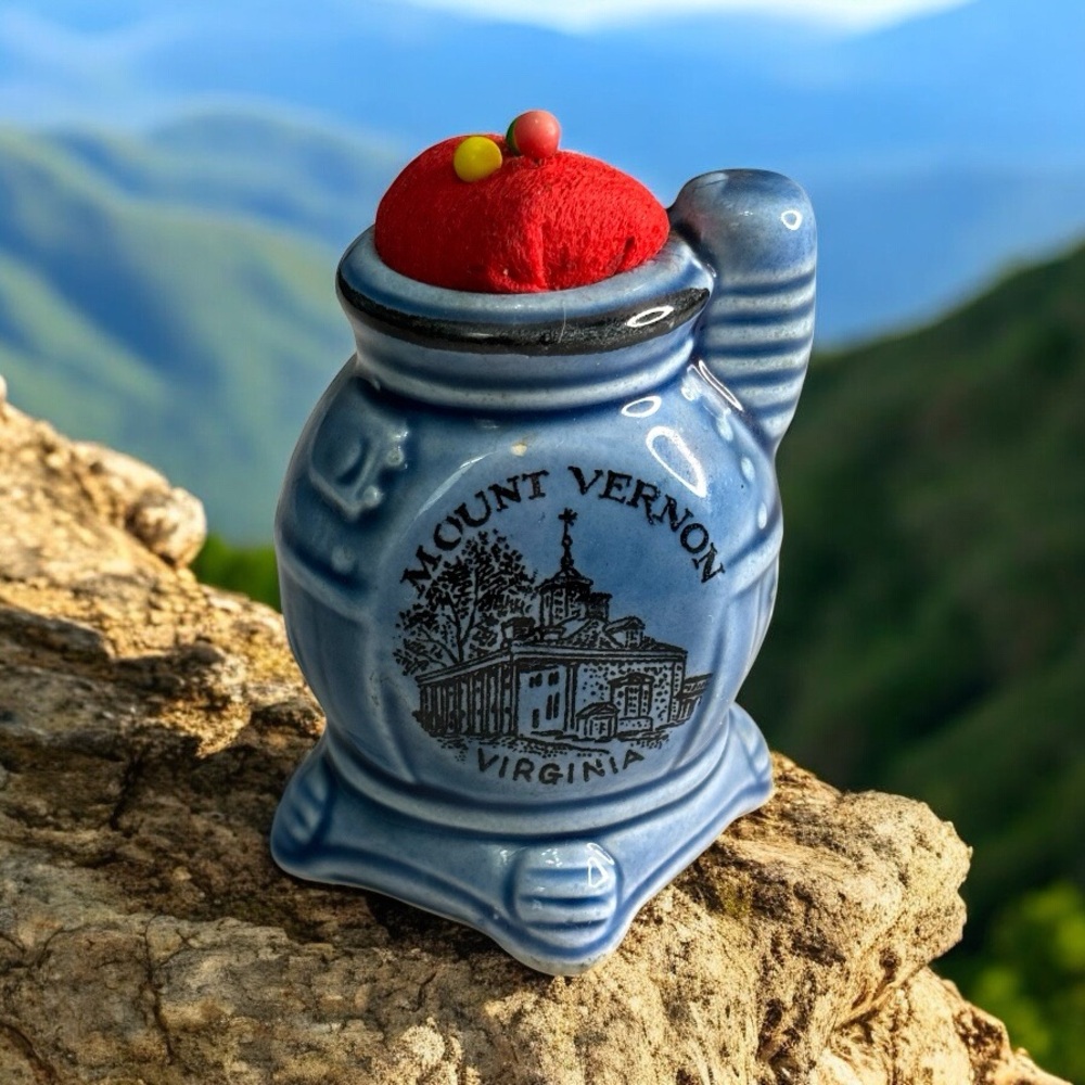 Vintage Pin Cushion Souvenir Mount Vernon Estate Va Virginia Potbelly Stove Blue